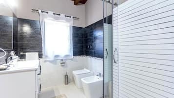 Shower, hair dryer, bidet, towels
