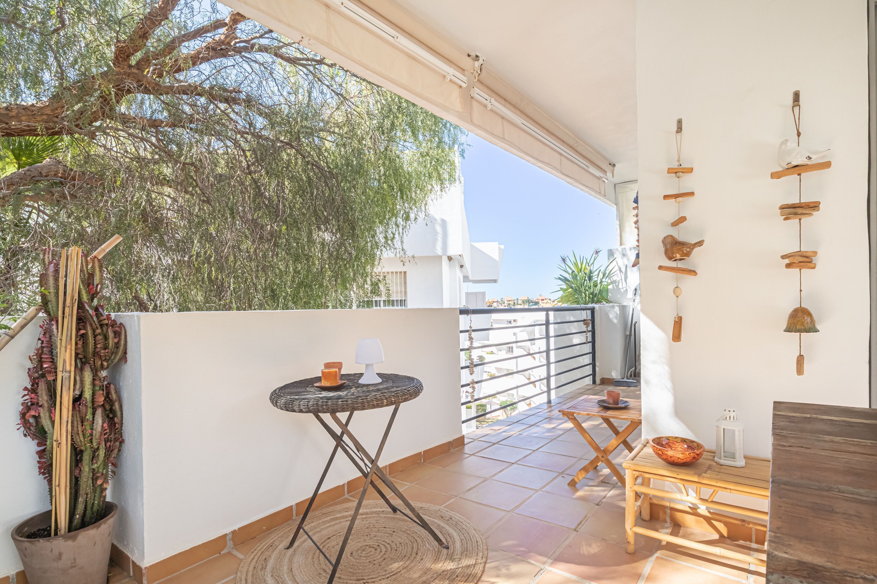 A balcony with a potted cactus, a small round table with a lamp, and a wooden bench.