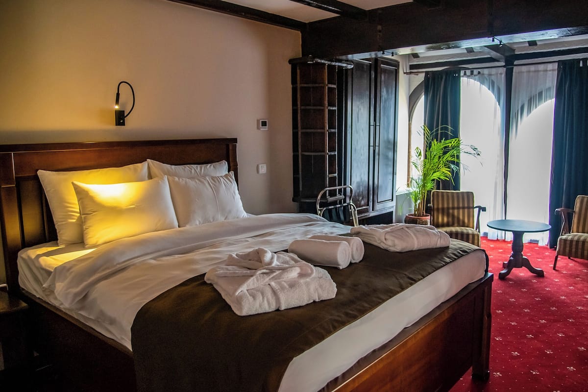 Habitación de hotel con una cama grande, una mesita de noche, un escritorio, una silla, una planta en maceta y vistas al exterior.