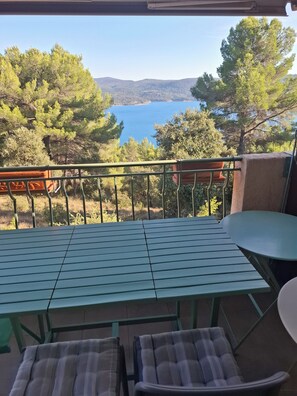 Ein Balkon mit Tisch und Stühlen, der auf ein Gewässer und Bäume blickt.