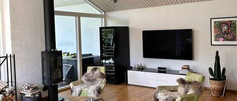 TV connectée, cheminée, lecteur de DVD, table de tennis de table