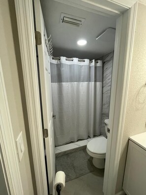 Ein Badezimmer mit Toilette, einer Duschvorhang und einem Handtuchhalter.