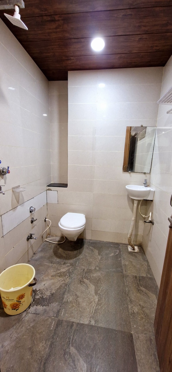 A bathroom with a toilet, sink, and shower. - RANGOLI RESORT & FAMILY GARDEN (Nagda)