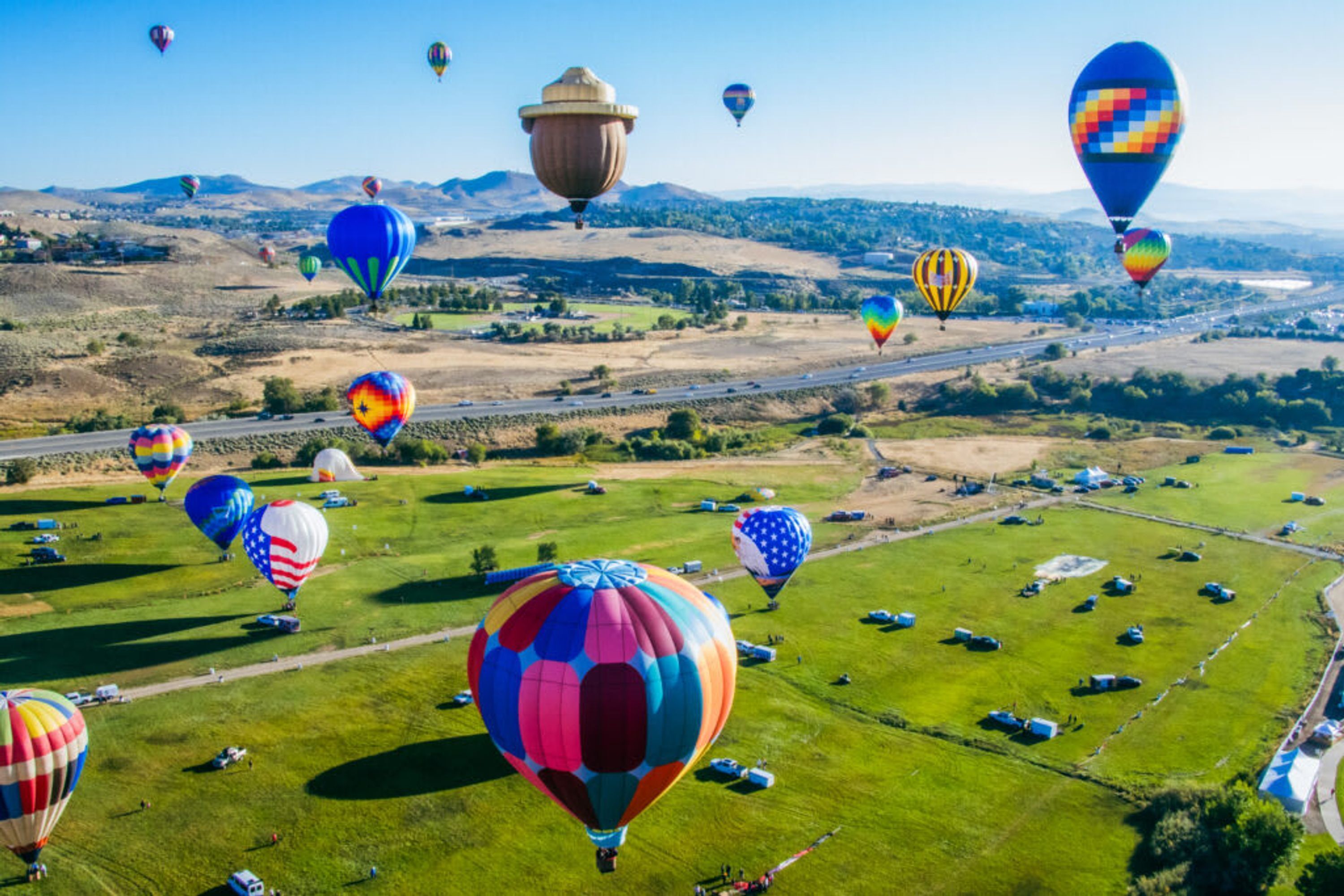 Een luchtballonfestival met meerdere kleurrijke ballonnen in een grasveld.
