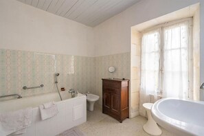 Hair dryer, bidet, towels, soap
