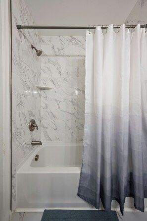 Hair dryer, towels, soap, shampoo