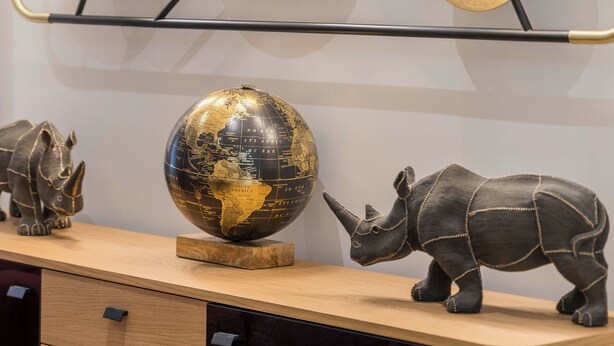 A wall-mounted light fixture with a geometric design and a globe and rhinoceros sculpture on a wooden shelf. - Alexandra's Unique Apartment (Athens)