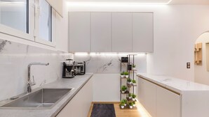 A modern kitchen with a marble countertop, a built-in coffee machine, and a vertical plant shelf. - Alexandra's Unique Apartment (Athens)