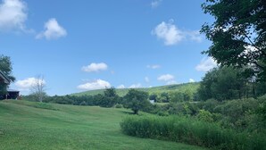 A grassy field with a small building and trees in the background.
