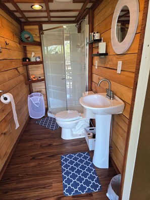 シャワー、ヘアドライヤー、タオル、トイレットペーパー