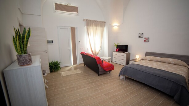 Ein Schlafzimmer mit Bett, Stuhl, Schreibtisch, Fernseher und einer Zimmerpflanze.