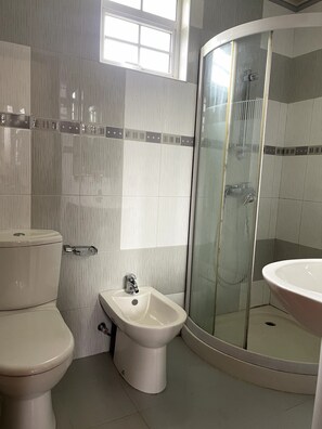 Bidé, håndklær, såpe og toalettpapir