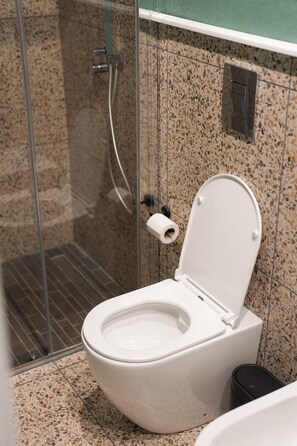 Douche, sèche-cheveux, bidet, serviettes fournies