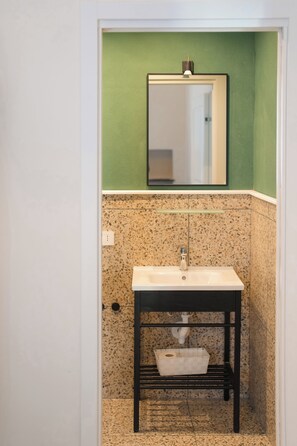 Shower, hair dryer, bidet, towels