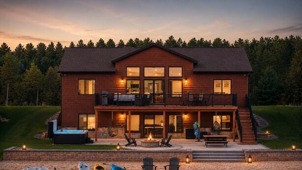 A two-story house with a balcony, a hot tub, kayaks, and a swimming pool. - Lakefront Home w/Hot Tub & Beach – Sleeps 20 (New Lisbon)