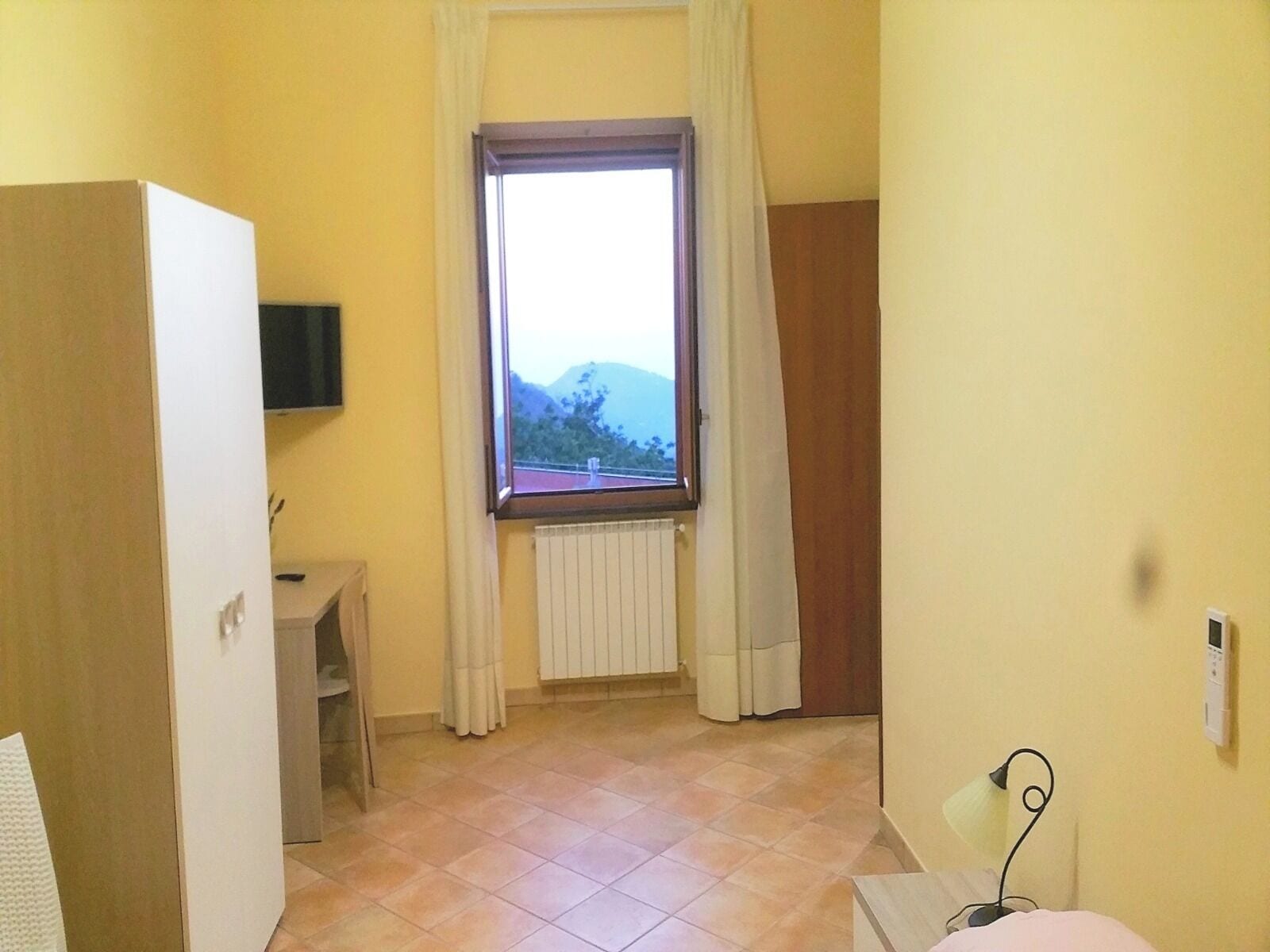 A room with a window, a radiator, a bed, a desk, and a television.