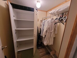 A walk-in closet with open shelves, a vacuum cleaner, and hanging robes. - Lakefront on Nottely! Family retreat on single level with covered boat slip. (Blairsville)