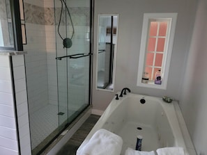 Shower, jetted bath, hair dryer, towels