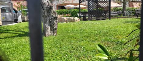 A well-maintained grassy area with a tree, a gazebo, and a stone wall in the background.