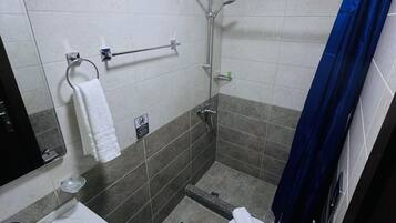 Separate tub and shower, hair dryer, shampoo, toilet paper
