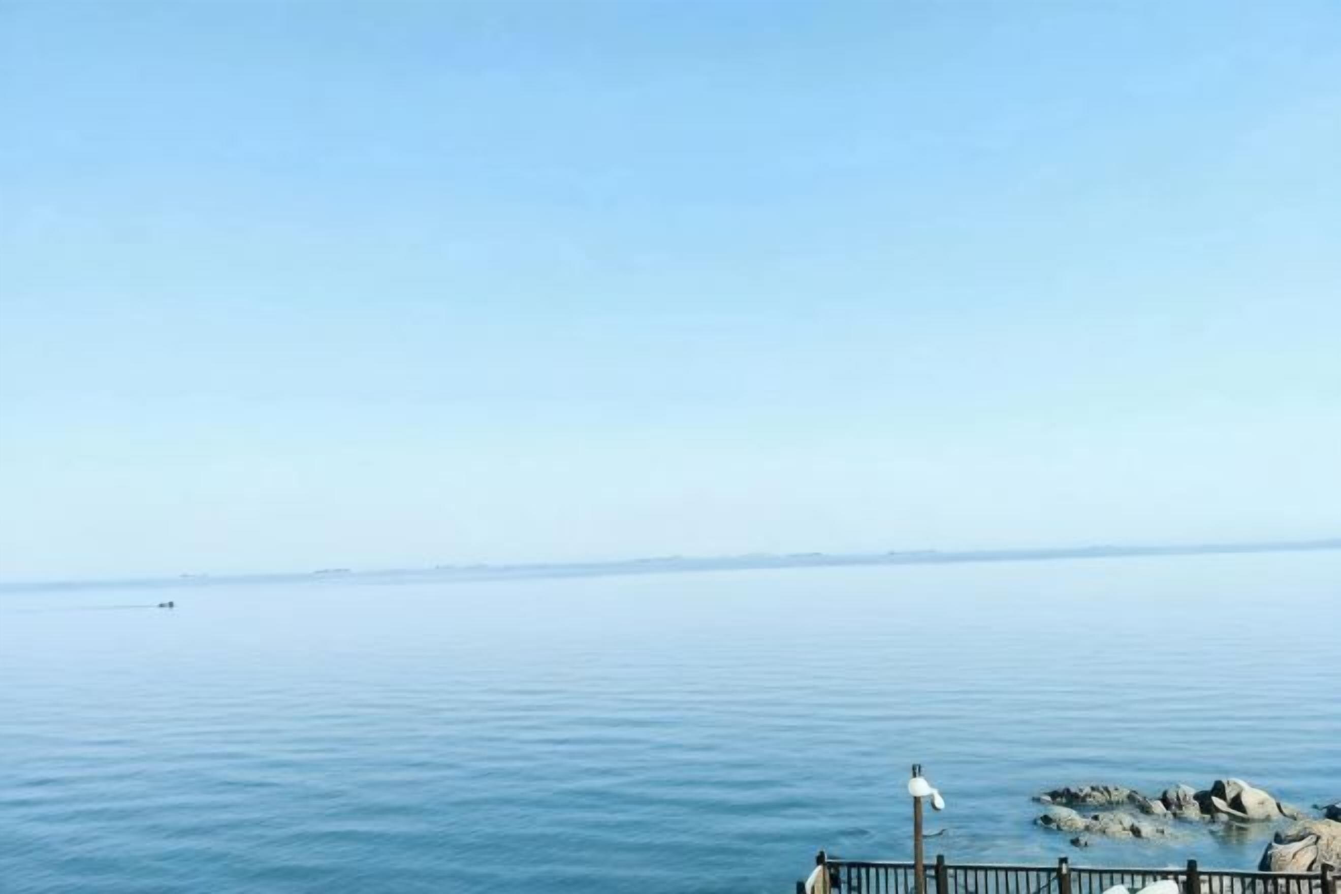 A calm body of water with a clear sky.