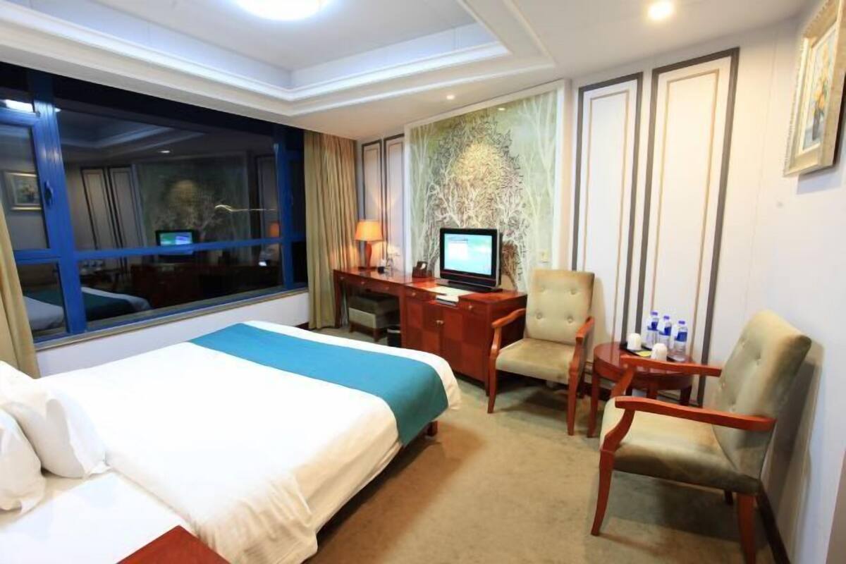 Una camera d'albergo con un letto, una scrivania, una sedia, un televisore e una finestra vista.