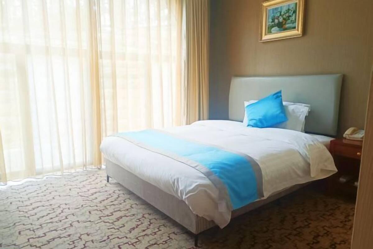 Una camera d'albergo con un letto, tende, un quadro e un tappeto a motivi.