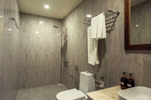 Shower, hair dryer, towels, soap