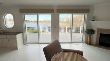 Smart TV, fireplace, books