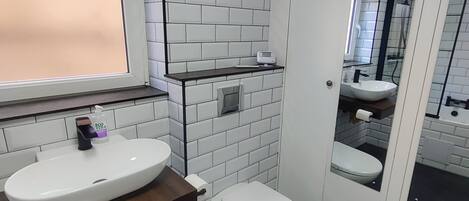 Hair dryer, towels, soap, toilet paper