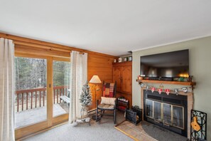 Una televisión, una chimenea, un reproductor de DVD