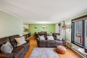 TV, fireplace, video games, foosball