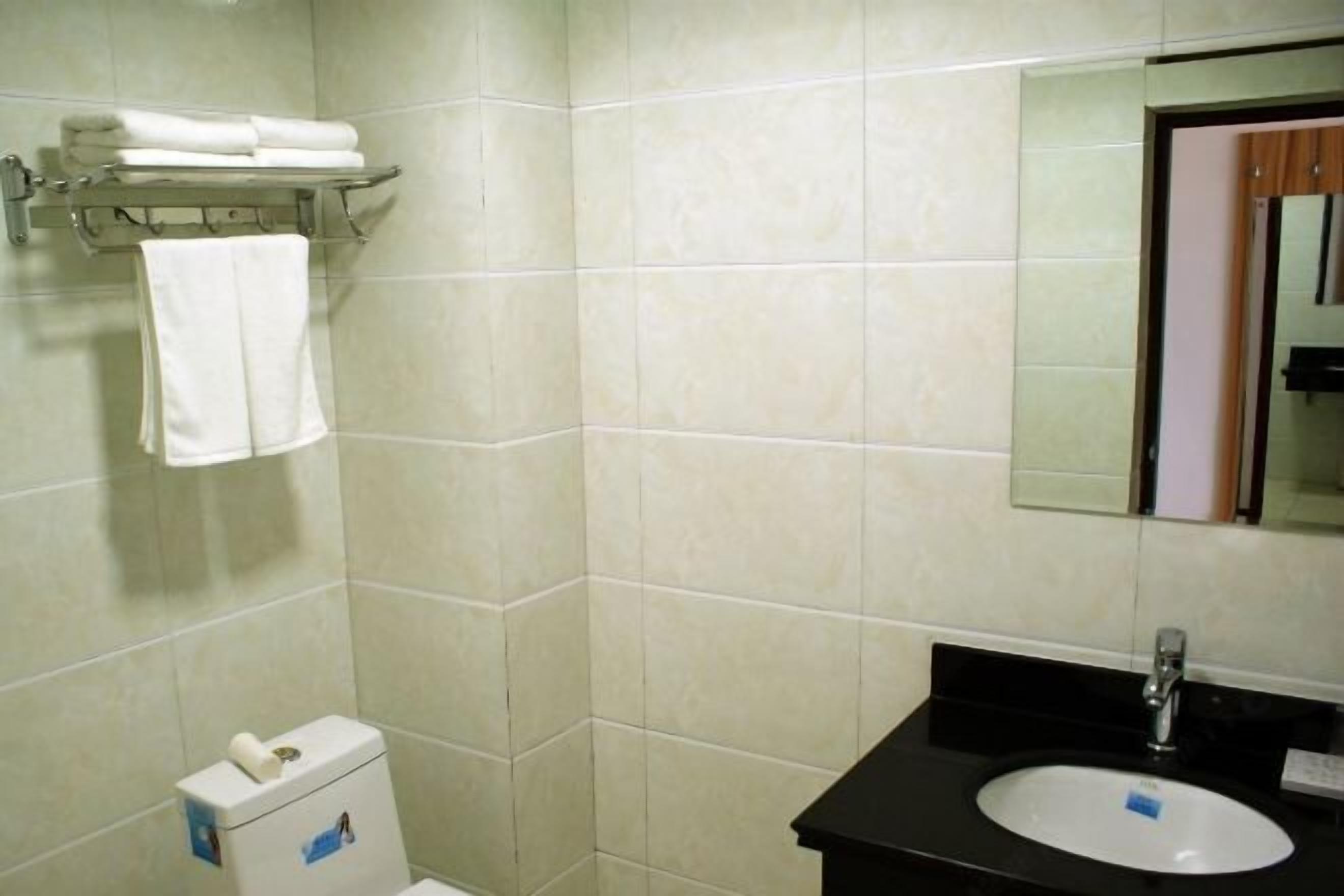 A bathroom with a white toilet, a black sink, and a mirror above the sink.