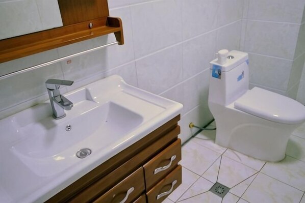 Une salle de bain avec un lavabo blanc, un meuble-lavabo en bois et des toilettes.