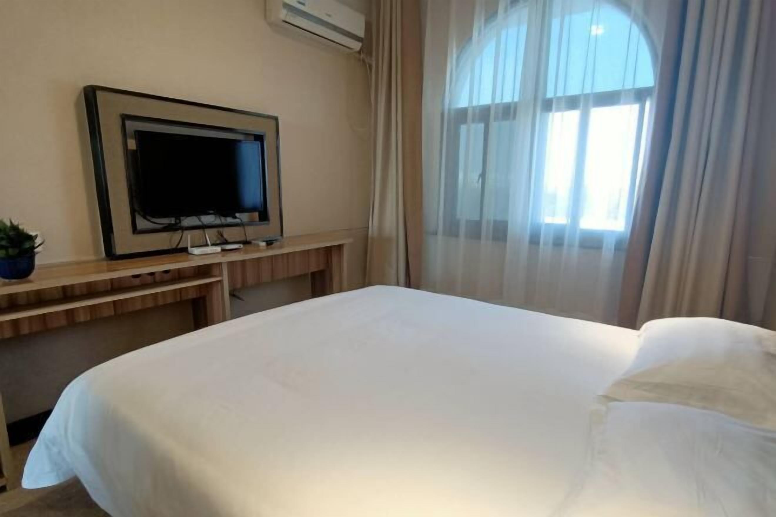 Une chambre d’hôtel avec un lit, un téléviseur fixé au mur, une fenêtre avec des rideaux légers et une petite plante posée sur une table d’appoint.