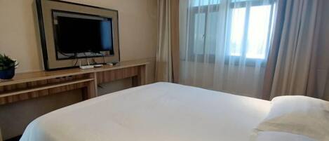 Une chambre d’hôtel avec un lit, un téléviseur fixé au mur, une fenêtre avec des rideaux légers et une petite plante posée sur une table d’appoint.