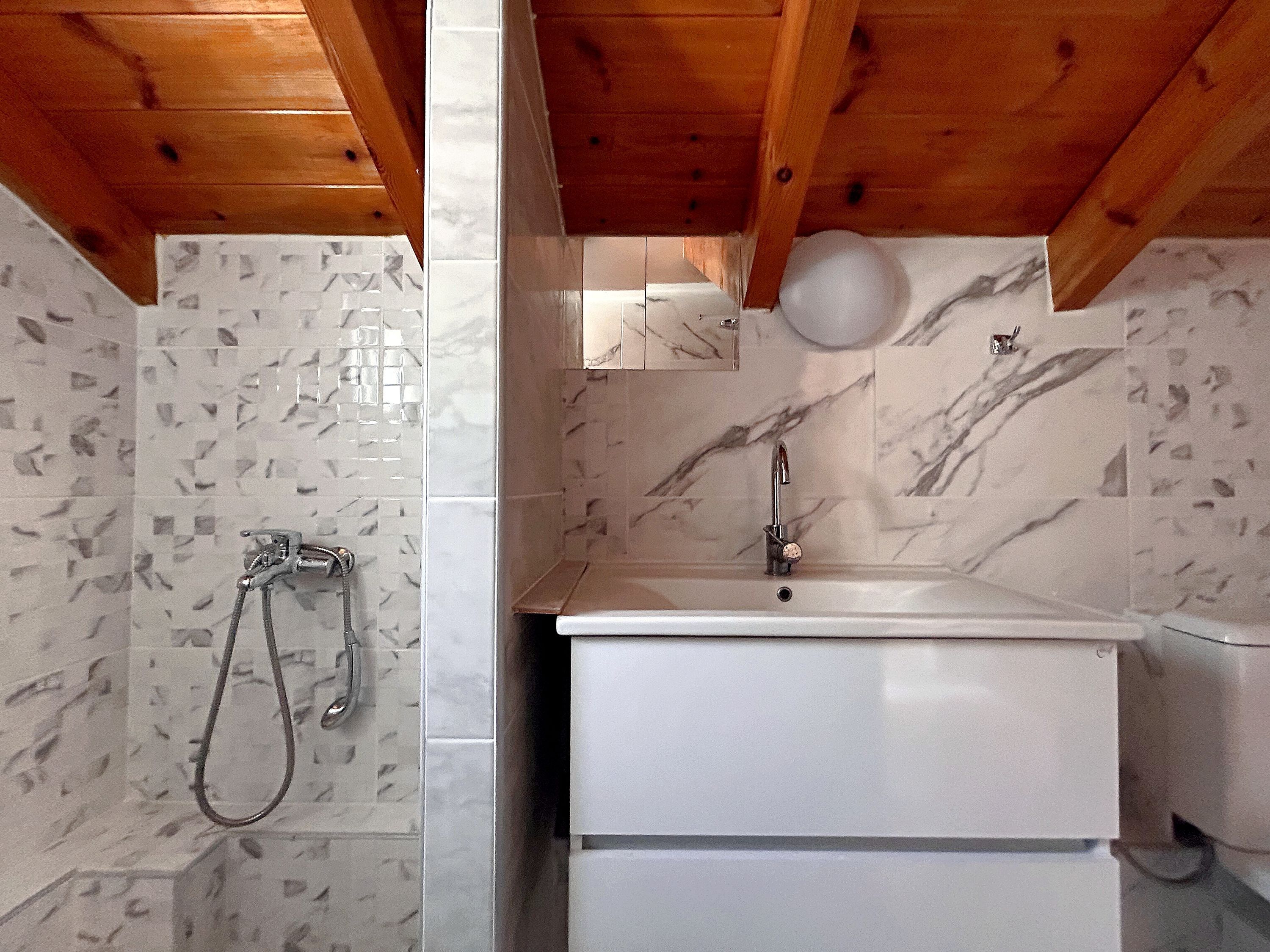 A bathroom with a shower, sink, and mirror.