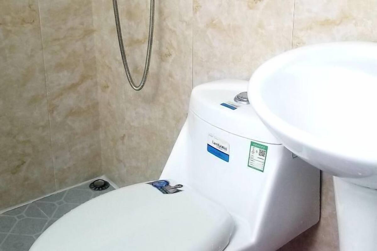 A bathroom with a toilet, a sink, and a shower head.