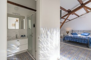 Hair dryer, bidet, towels, soap