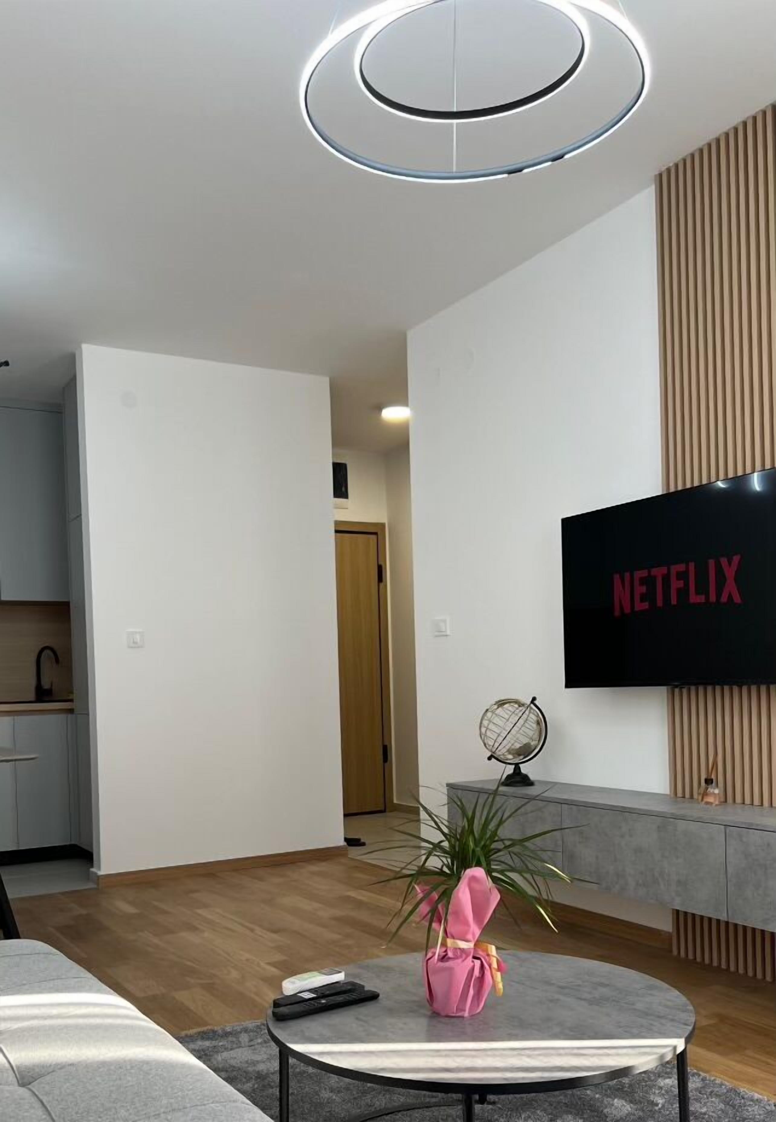 Ein modernes Wohnzimmer mit einem Flachbildfernseher, der "NETFLIX" anzeigt, einem runden Couchtisch mit einer rosa Vase und einer minimalistischen Küche im Hintergrund.
