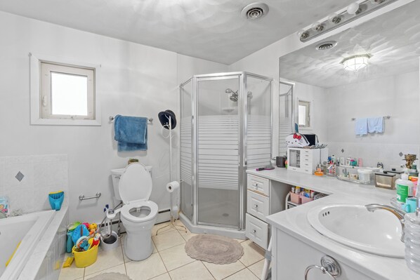 Jetted bath, bidet, towels, soap