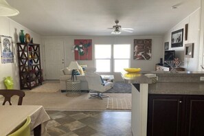 Smart TV, DVD player, books, music library