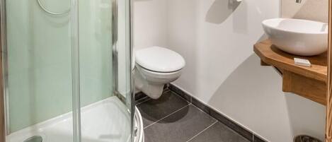 A modern bathroom with a glass-enclosed shower, a white toilet, and a wooden vanity with a sink.