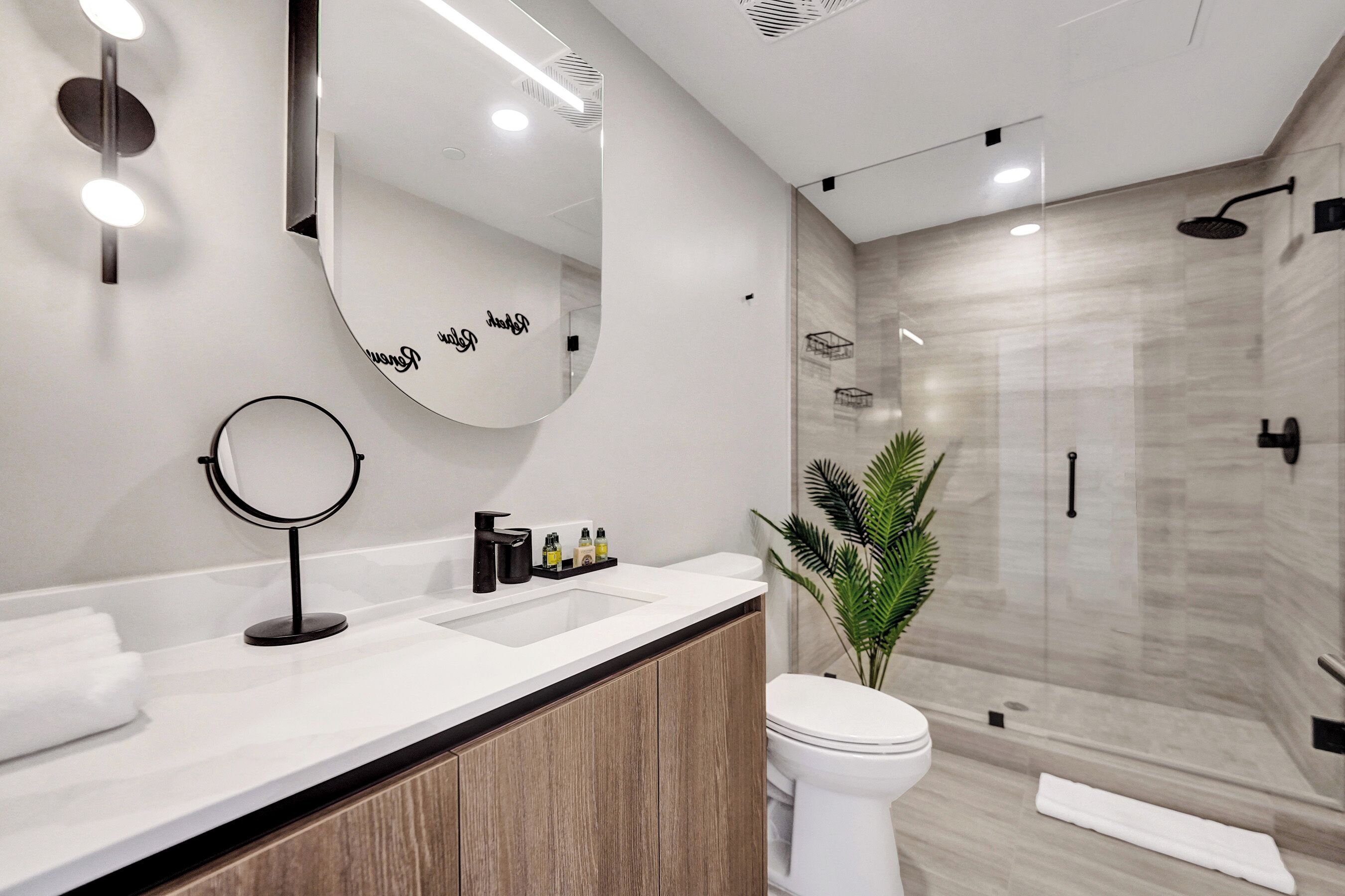 A modern bathroom with a white vanity, a large mirror, a round mirror, a toilet, a shower with a glass enclosure, and a potted plant.
