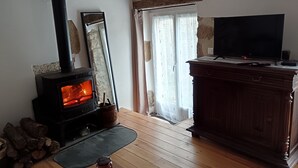 Una habitación acogedora con estufa de leña, televisión y espejo.