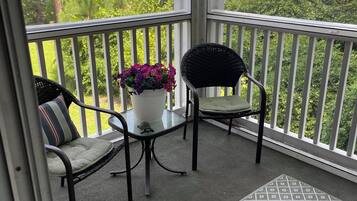 A balcony with a view of a residential area, a potted plant, and two chairs.