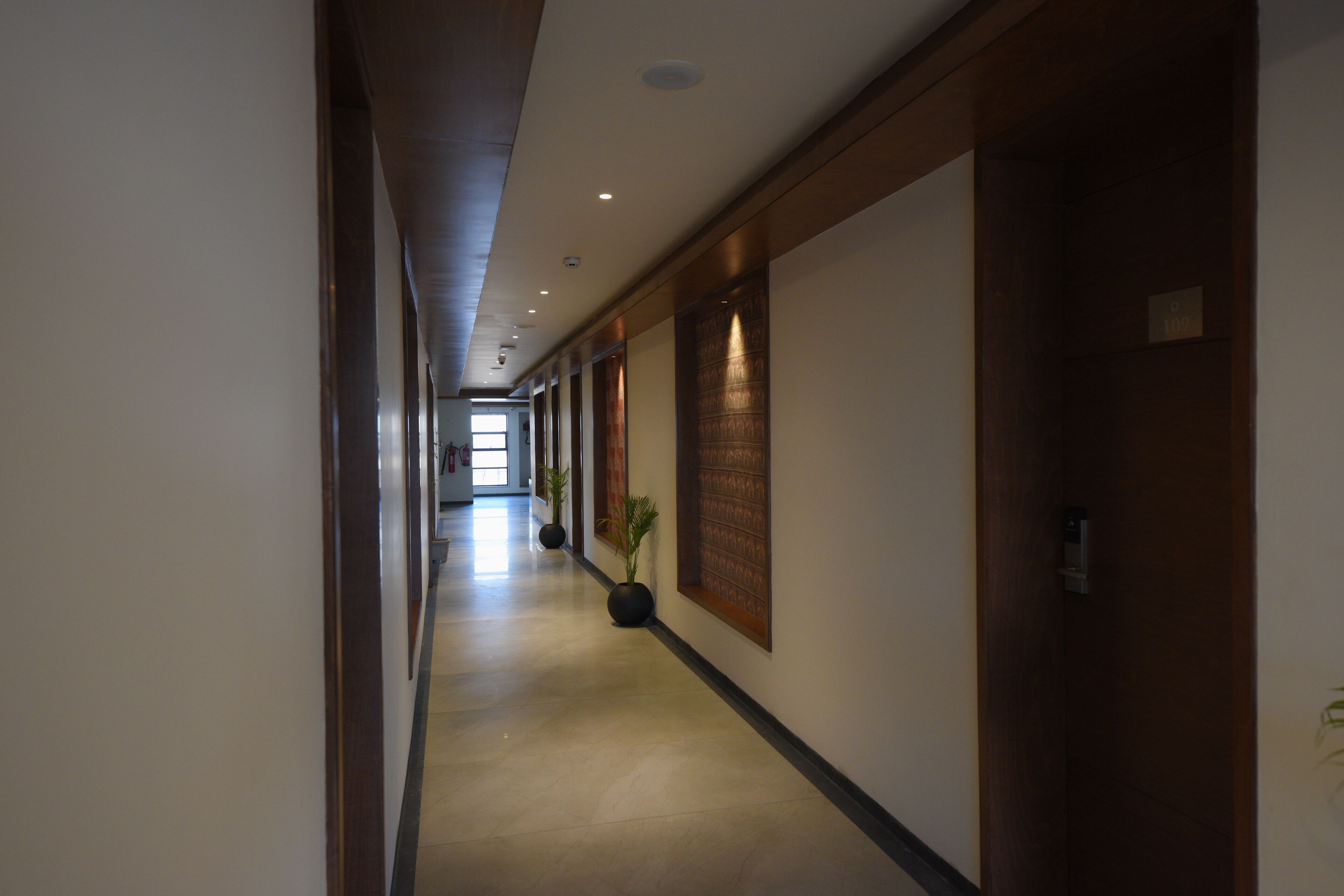 Un pasillo largo y estrecho con piso y paredes de madera, que conduce a una habitación luminosa al final.