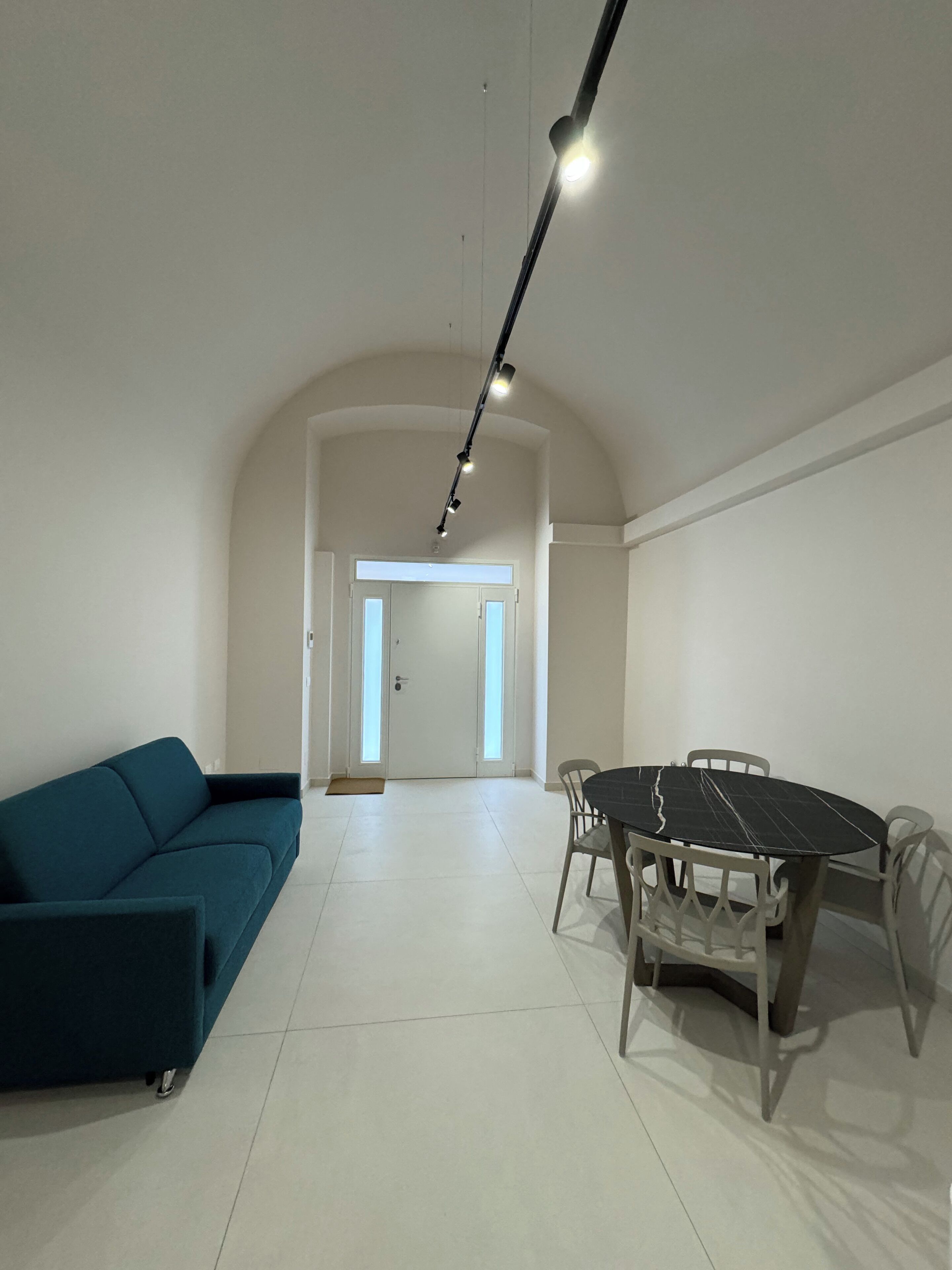 Una habitación amplia con sofá, una mesa de comedor con sillas y un sistema de iluminación en el techo.
