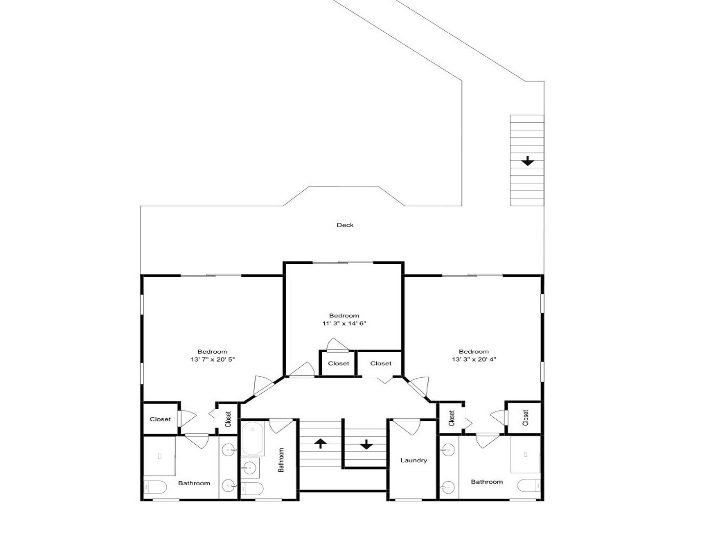 A floor plan with two bedrooms, a bathroom, a laundry area, and a deck.