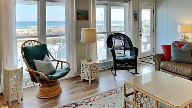 A living room with a view of the beach, wicker chairs, a glass coffee table, and a patterned rug. - Polly's Place by Topsail Realty (Holly Ridge)